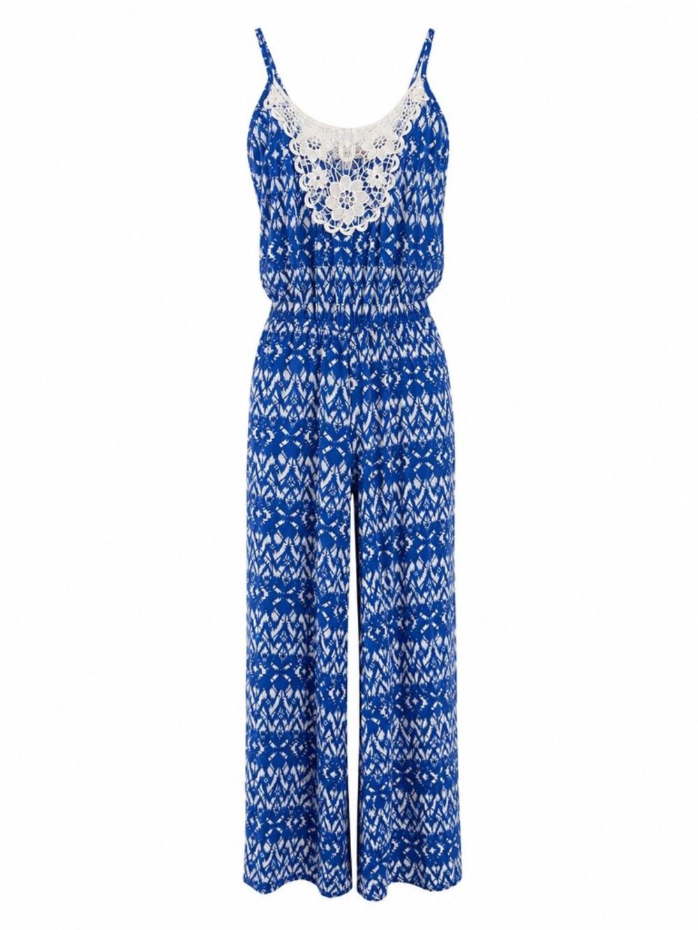 Blue Sleeveless Jumpsuit With Crochet Neckline & Ikat Print Stretch Fabric Size